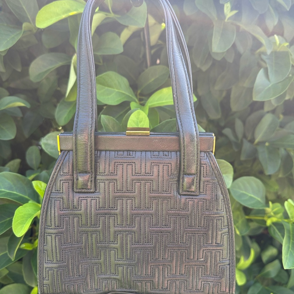 Vintage Halston Elegant Black Patterned Leather Handbag
